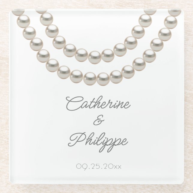 Elegant Pearl Wedding Glass Coaster (Front)
