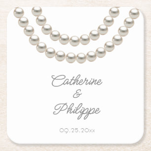 Elegant Pearl Wedding Square Paper Coaster