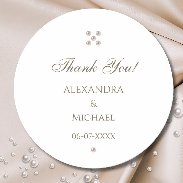 Elegant Pearl Wedding Thank You Classic Round Sticker (Creator Uploaded)