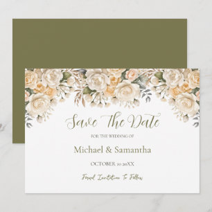 Elegant Pearl White and Ivory Rose Wedding Save The Date