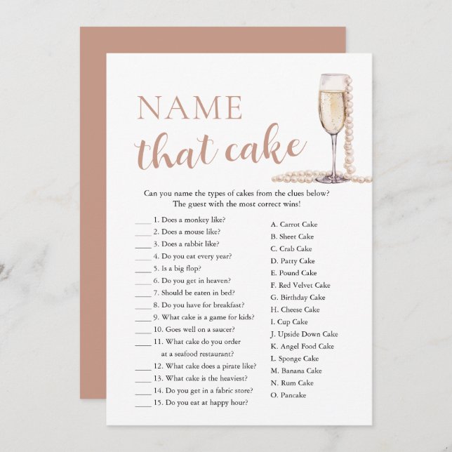 Elegant Pearls and Prosecco Name That Cake Game Invitation (Front/Back)