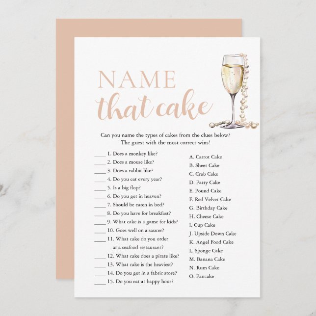 Elegant Pearls and Prosecco Name That Cake Game Invitation (Front/Back)