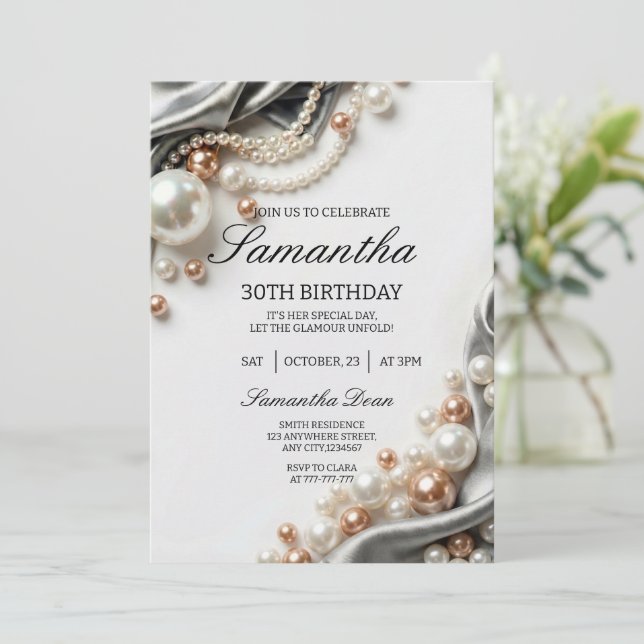 Elegant Pearls and Satin 30th Birthday Invitation (Standing Front)