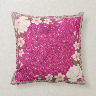 Elegant pearls floral Pink Glitter Wedding Cushion