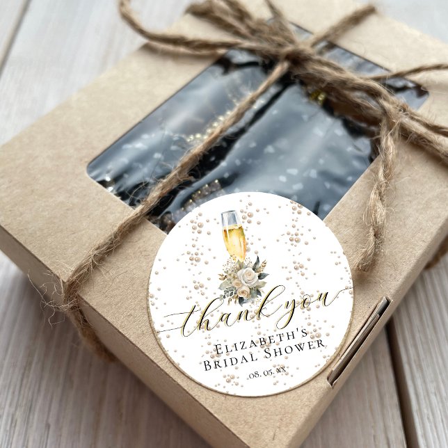 Elegant Pearls & Prosecco Bridal Shower Thank You Classic Round Sticker (Creator Uploaded)
