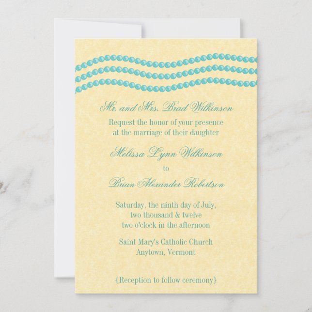 Elegant Pearls Wedding Invitation, Turquoise Invitation (Front)