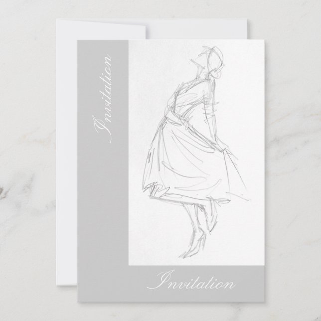 Elegant pencil drawing of woman in dress invitation (Front)