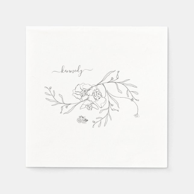 Elegant Pencil Foliage Floral Custom Cocktail Napkin (Front)