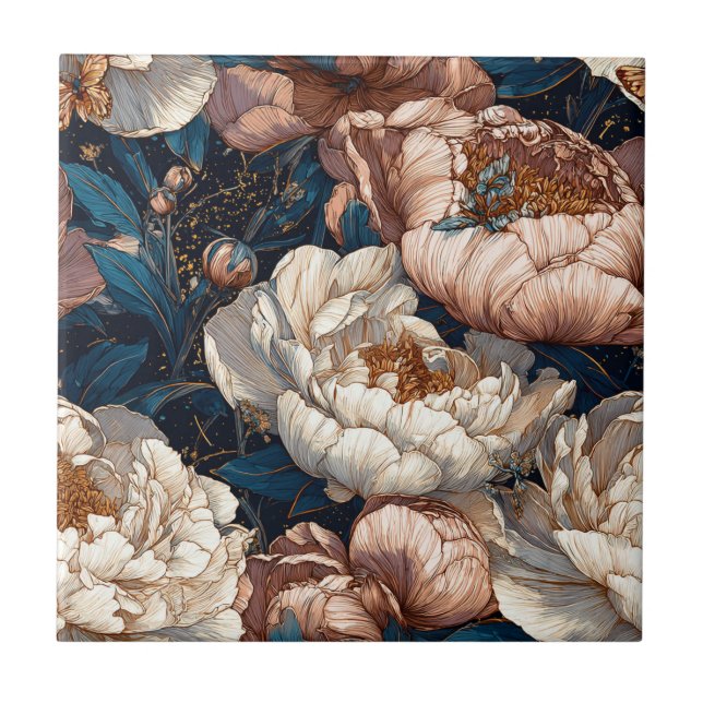Elegant Peonies Ceramic Tiles  For Indoor Flooring (Front)