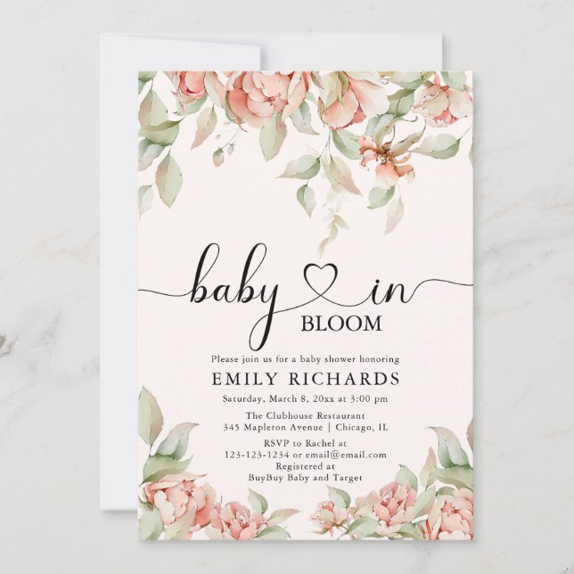 Elegant peonies floral Baby in Bloom Baby Shower Invitation (Front)