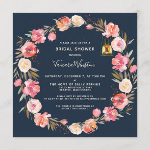 Elegant Peonies Floral Lanterns Navy Bridal Shower Invitation