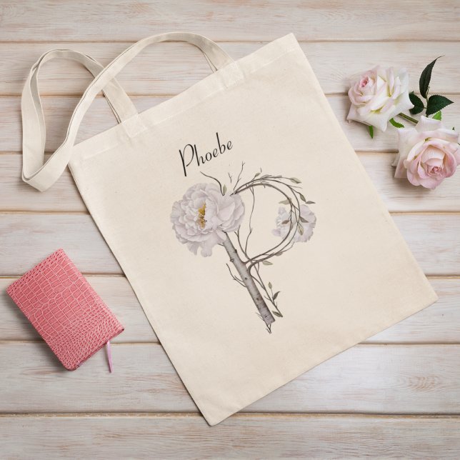 Elegant Peonies Floral Monogram P Custom Tote Bag (Creator Uploaded)