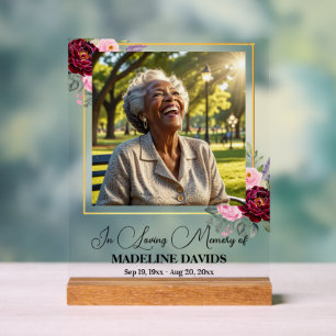 Elegant Peonies Gold Frame Photo Funeral  Acrylic Sign