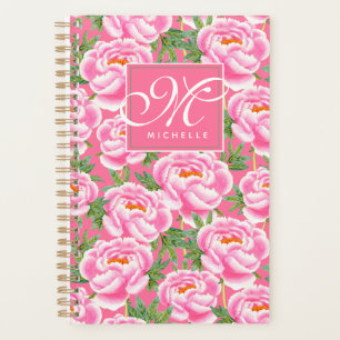 Elegant Peonies Pattern - Hot Pink, Monogrammed Planner