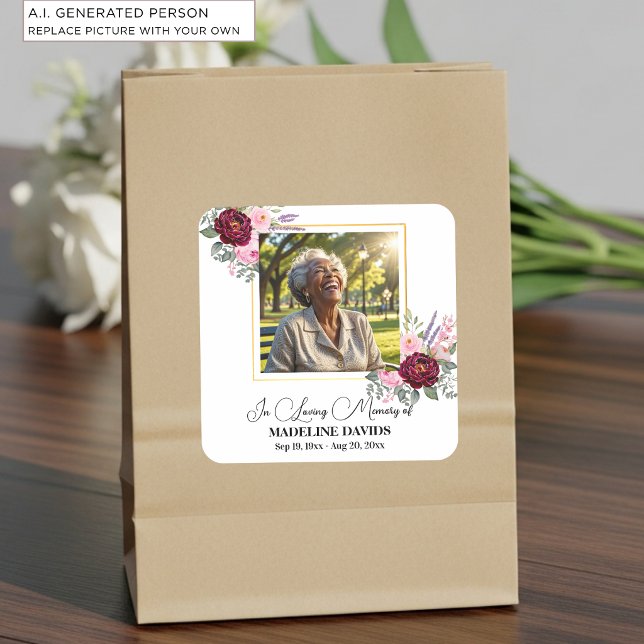 Elegant Peonies Photo Funeral Square Sticker (Creator Uploaded)