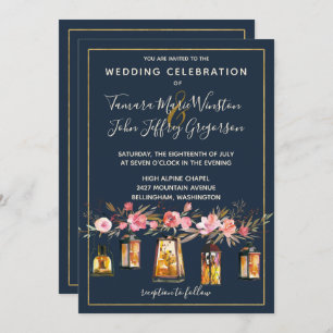 Elegant Peonies Rustic Lanterns Navy Coral Floral Invitation