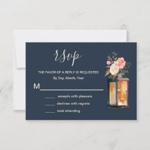Elegant Peonies Rustic Lanterns Navy Coral Wedding RSVP Card