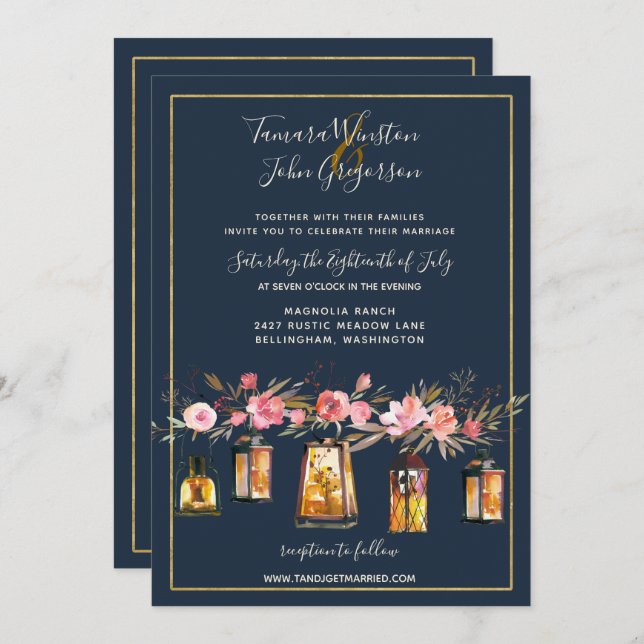 Elegant Peonies Rustic String Lights Navy Coral Invitation (Front/Back)