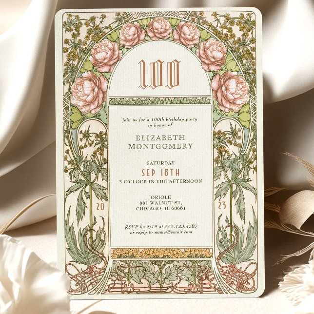 Elegant Peony 100 Celebration Art Nouveau Mucha Invitation (Creator Uploaded)