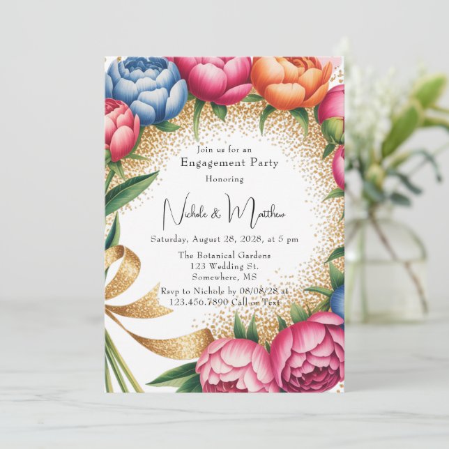 Elegant Peony Bouquet Glitter Engagement Party Invitation (Standing Front)