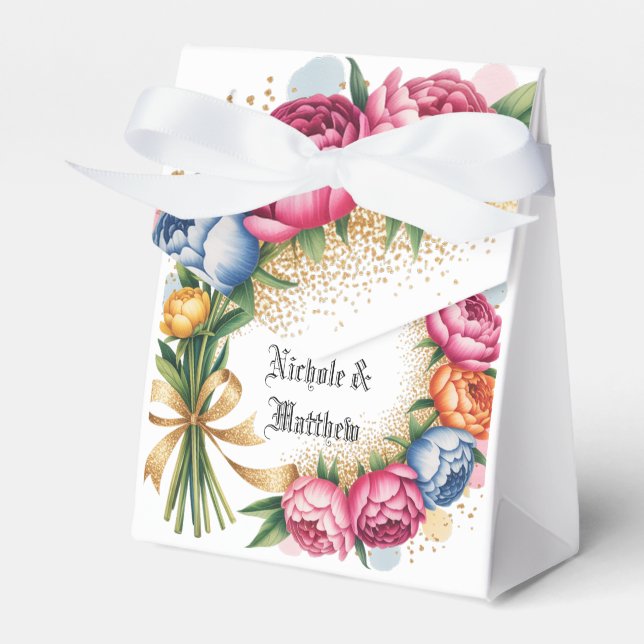 Elegant Peony Bouquet Gold Glitter Wedding Favour Box (Front Side)