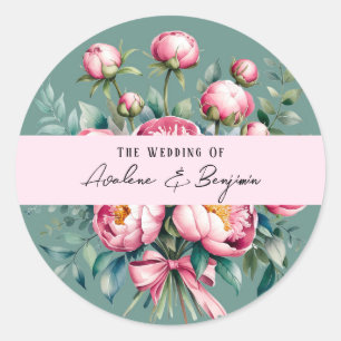 Elegant Peony Bouquet in Watercolor Wedding Classic Round Sticker