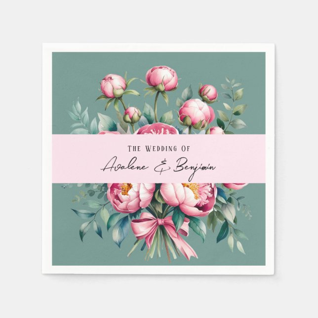 Elegant Peony Bouquet in Watercolor Wedding Napkin (Front)