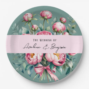 Elegant Peony Bouquet in Watercolor Wedding Paper Plate