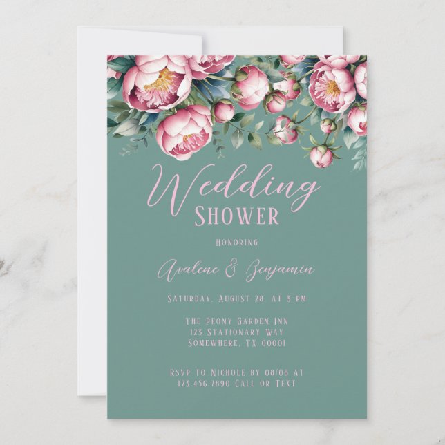 Elegant Peony Bouquet In Watercolor Wedding Shower Invitation (Front)