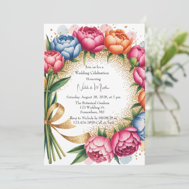 Elegant Peony Bouquet Wedding Celebration Invitation (Standing Front)