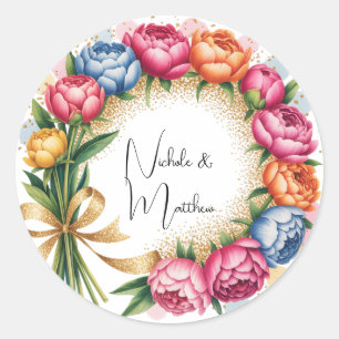 Elegant Peony Bouquet Wedding Classic Round Sticker