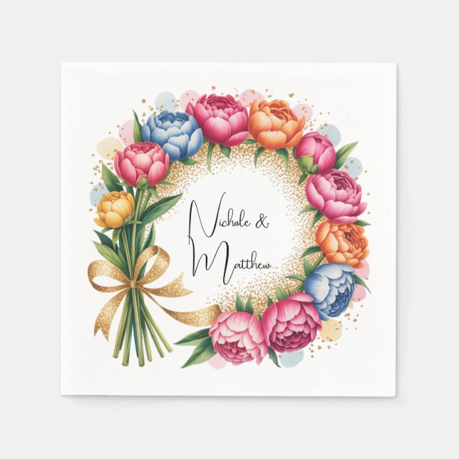 Elegant Peony Bouquet Wedding Napkin (Front)
