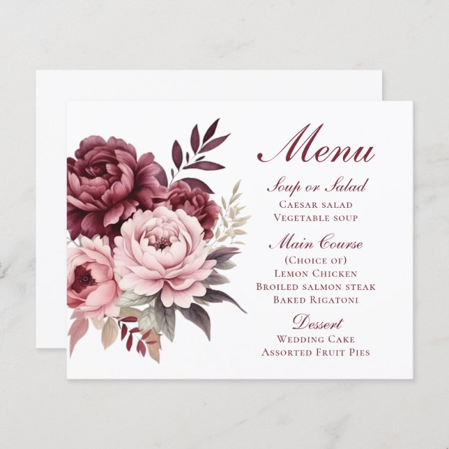 Elegant Peony Burgundy Floral Wedding Menu (Front/Back)