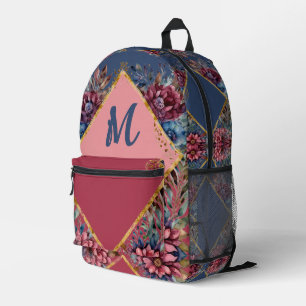 Elegant Peony Burgundy & Navy Floral Gold Argyle Printed Backpack