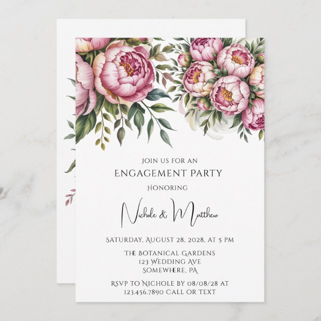 Elegant Peony Floral Arrangement Engagement Party Invitation (Front/Back)