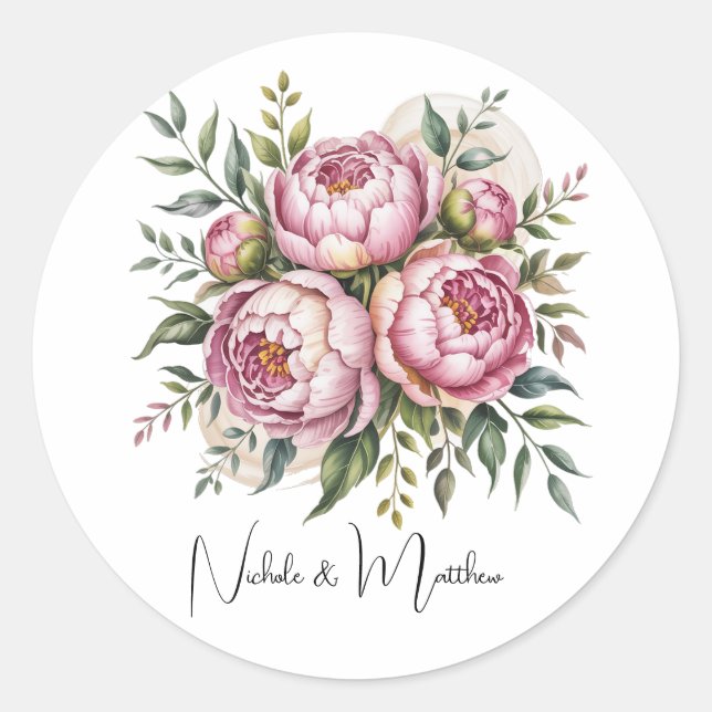 Elegant Peony Floral Arrangement Wedding Classic Round Sticker (Front)
