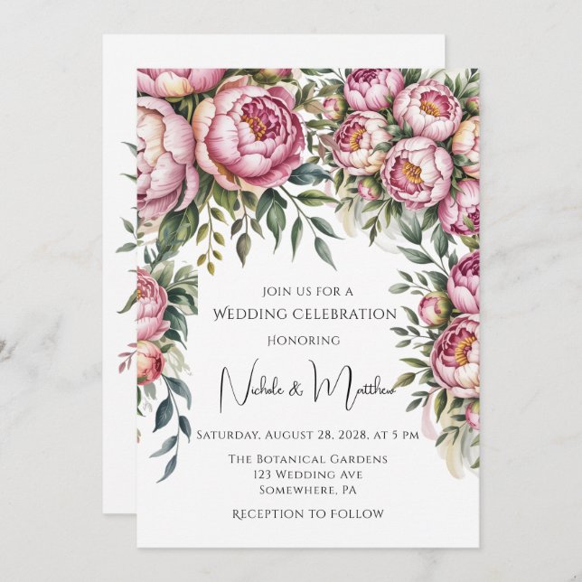 Elegant Peony Floral Arrangement Wedding Invitation (Front/Back)