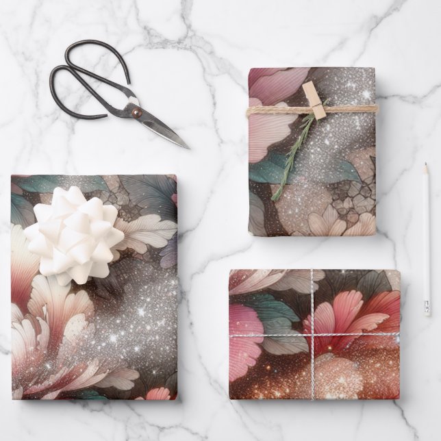 Elegant Peony Floral Glitter Art Wrapping Paper Sheet (Front)