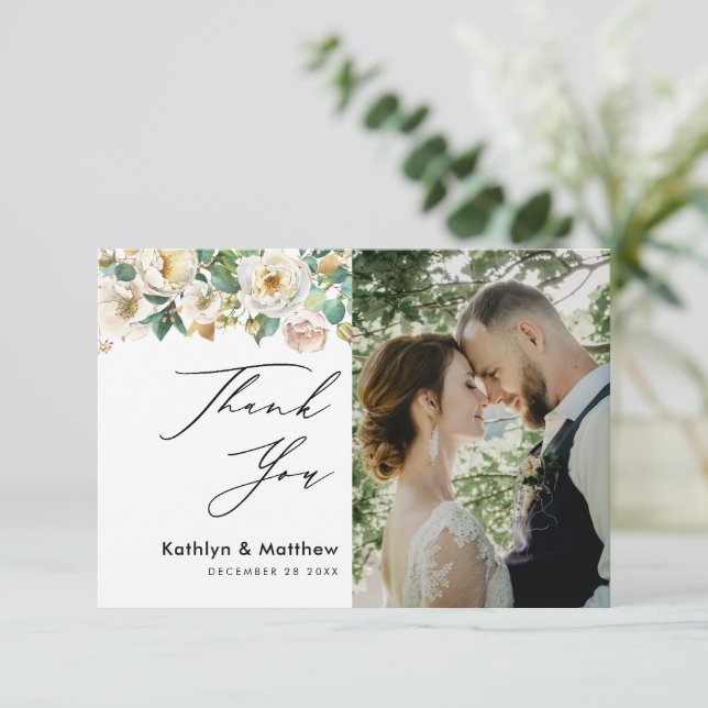 Elegant Peony Floral Greenery Script Photo Wedding Thank You Card (Standing Front)