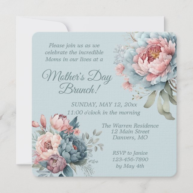 Elegant Peony Floral Mother's Day Brunch  Invitation (Front)