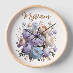 Elegant Peony Gold Floral Monogram Wood Clock