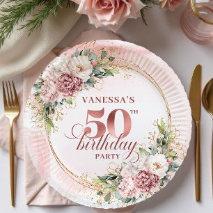 Elegant Peony Greenery Rose Gold 50th Birthday  Paper Plate