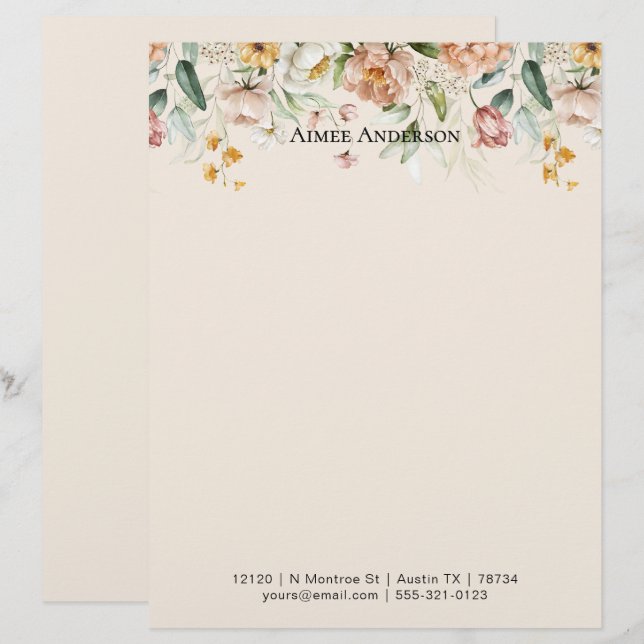 Elegant Peony Hydrangea Floral Pattern Border Custom Letterhead (Front/Back)