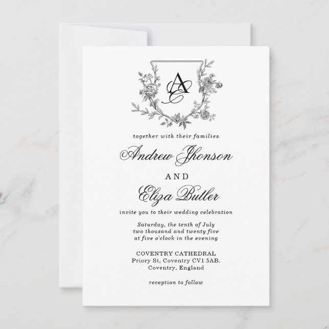 Elegant Peony Monogram Crest Invitation (Front)