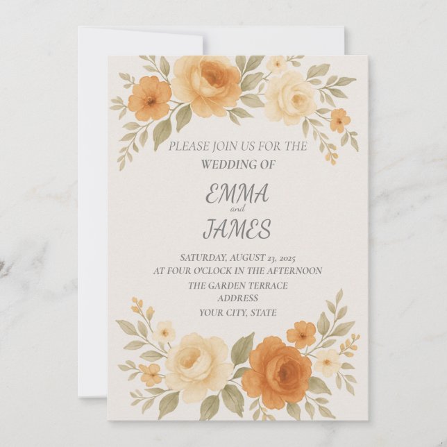 Elegant Peony & Rose Watercolor Wedding Invitation (Front)