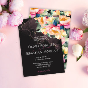Elegant Peony Watercolor on Black Wedding Invitation