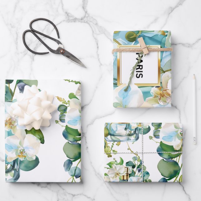 Elegant Perfume Bottle with White Orchid Wrapping Paper Sheet (Front)