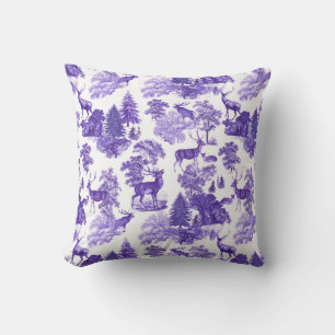 Elegant Periwinkle Blue Toile Deer Fox in Woods Cushion