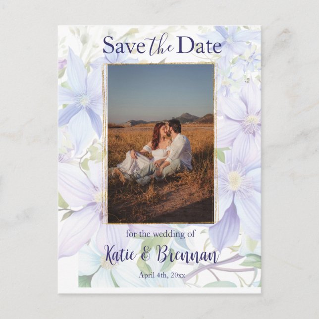 Elegant Periwinkle Clematis Save the Date Photo Postcard (Front)