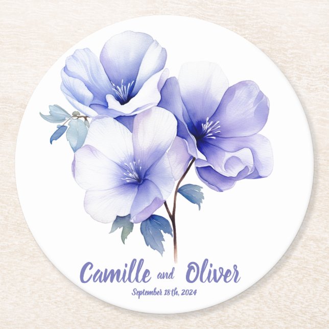 Elegant Periwinkle: Personalized Wedding Coasters (Front)